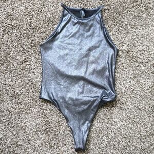 Victoria's Secret Bodysuit High Neck Sleeveless Mess Back Metallic Silver NWT